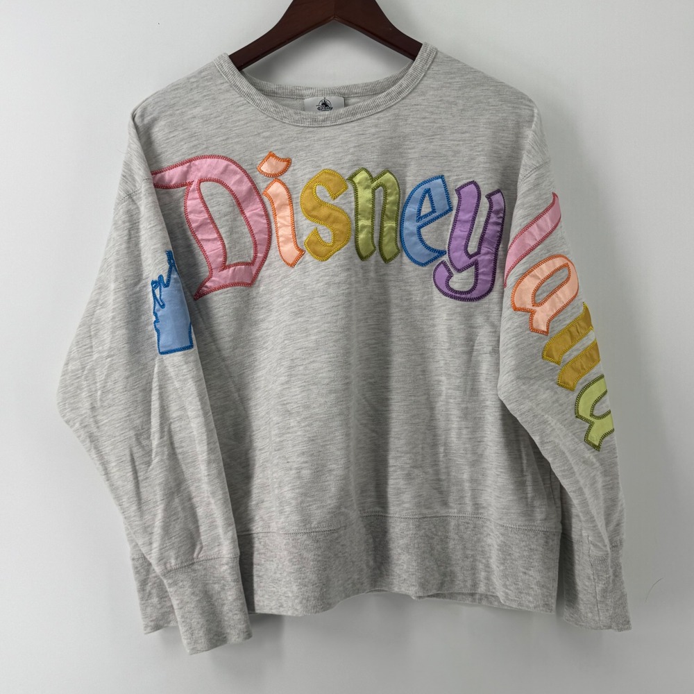 Disney Parks Women Heather Gray Rainbow Satin Applique Logo Sweatshirt Large